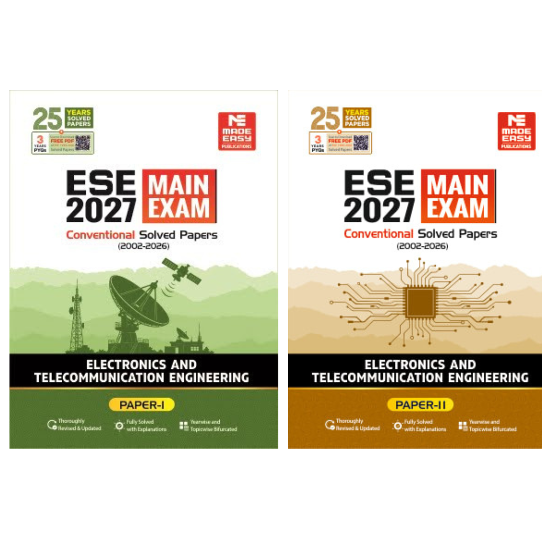 Buy ESE 2027 Mains Electronics & Telecommunication Engineering Conventional Paper 1 & Paper 2 with solved previous year questions and detailed solutions for UPSC Engineering Services Examination.